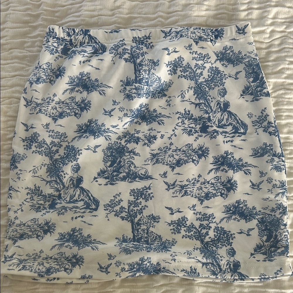 SHEIN Blue and White Scenic Print Pencil Skirt